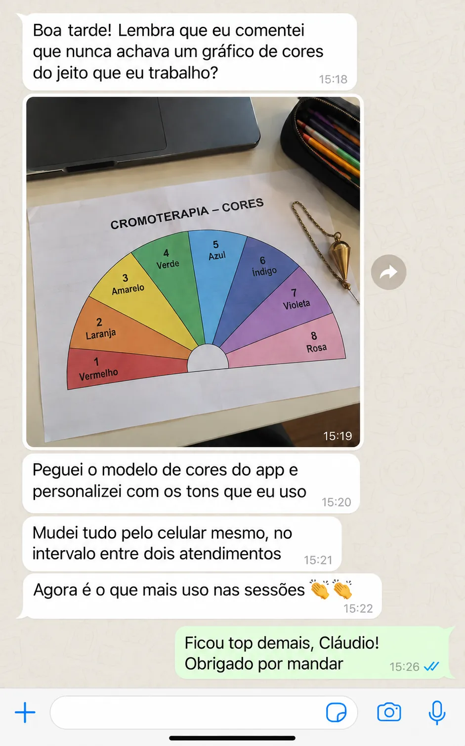 Print de conversa no WhatsApp: cliente mostra um gráfico de cromoterapia personalizado no app