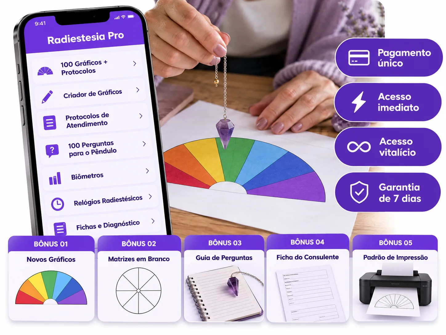 Aplicativo Radiestesia Pro no celular com os 7 recursos, pagamento único, acesso imediato, acesso vitalício, garantia de 7 dias e os 5 bônus